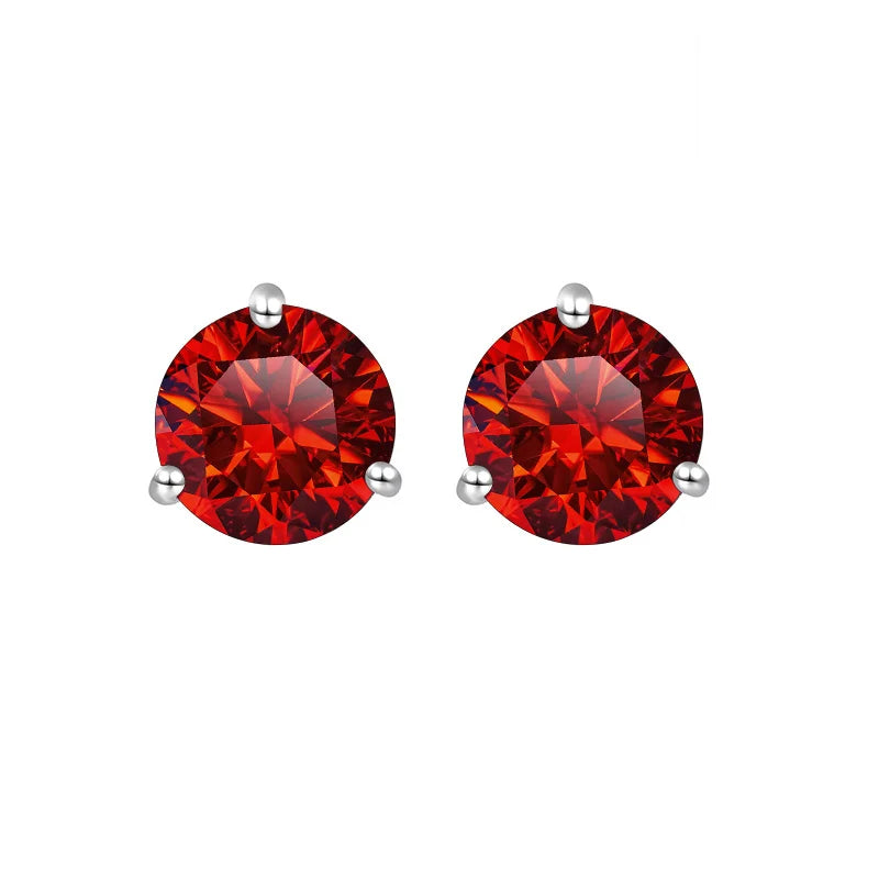 Colored Three-Prong Moissanite Stud Earrings in Sterling Silver — Red