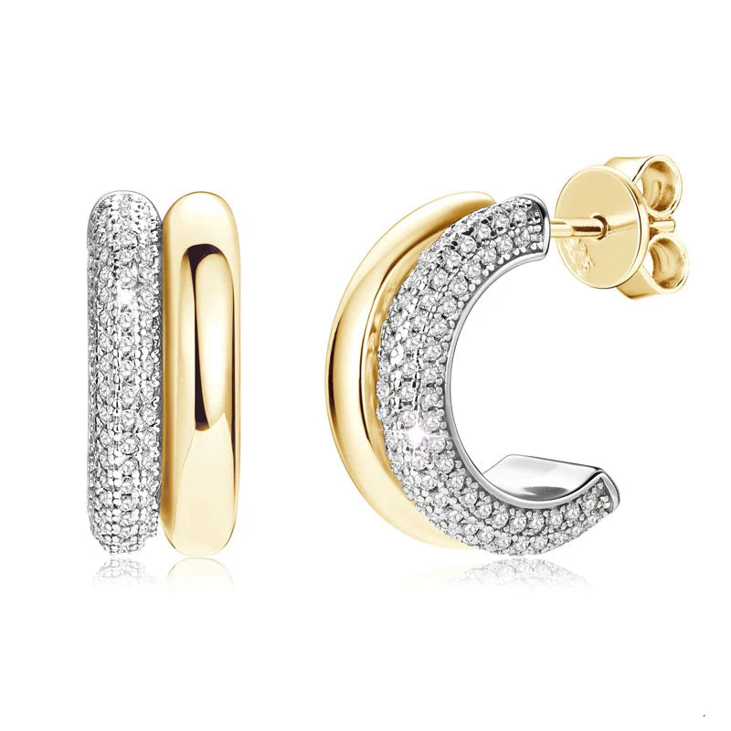 Double-Row C-Shaped Moissanite Stud Earrings - Gold-tone C-shaped pair with polished and pave rows