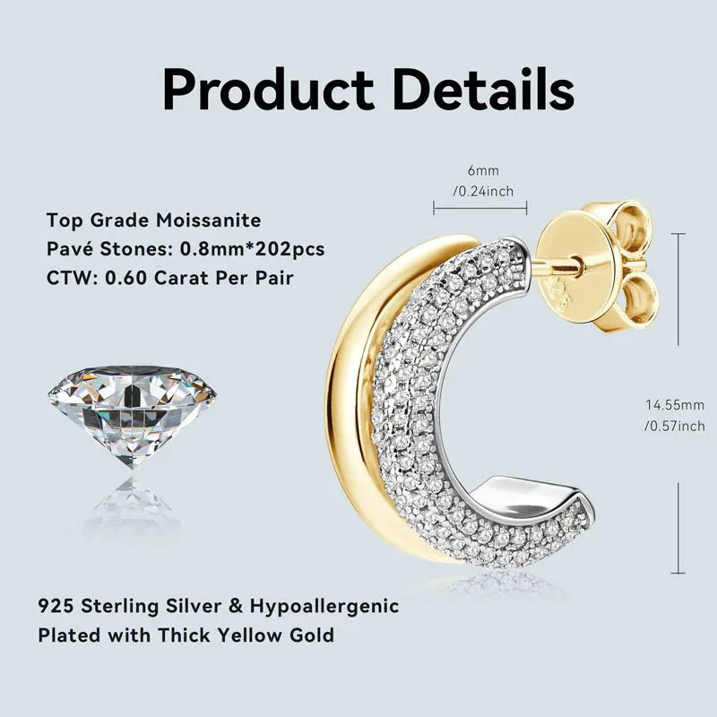 Double-Row C-Shaped Moissanite Stud Earrings - C-shaped earring dimensions