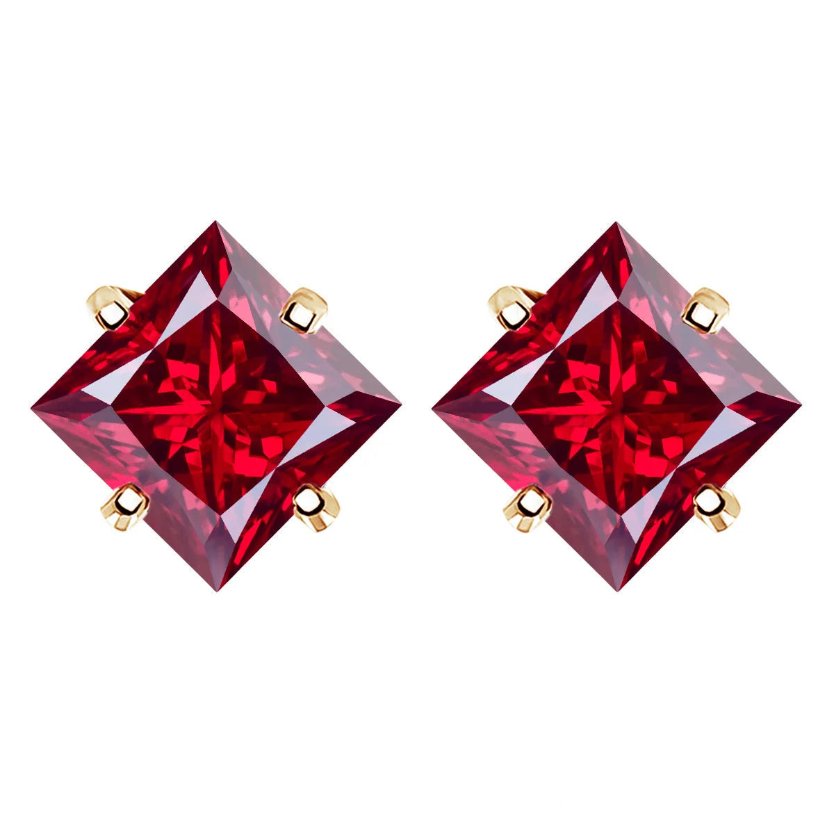 Colorful Princess-Cut Moissanite Stud Earrings in Sterling Silver — Red / Gold-Tone