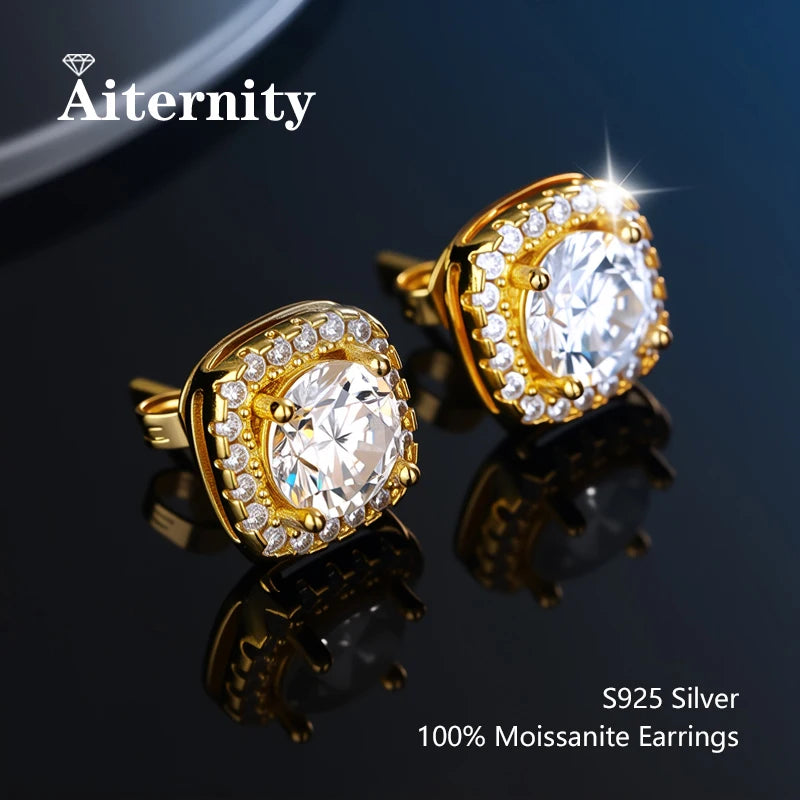 Moissanite Stud Earrings in Solitaire & Halo Silver Settings — Gold-tone cushion halo