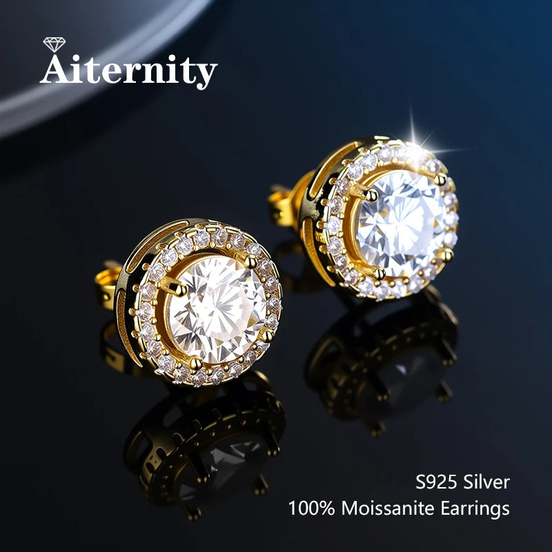 Moissanite Stud Earrings in Solitaire & Halo Silver Settings — Gold-tone round halo