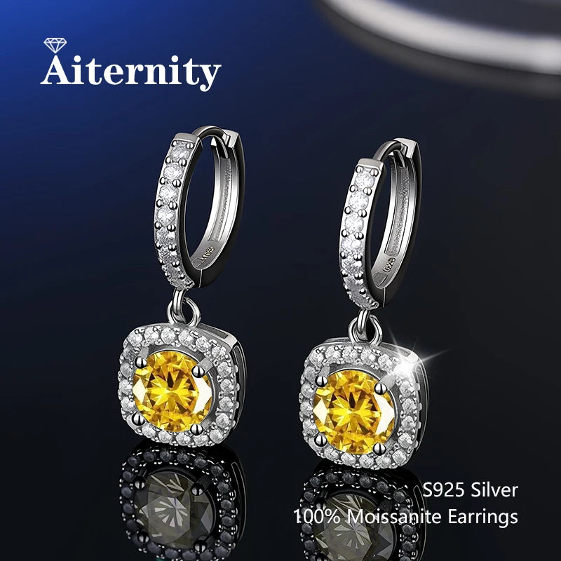 Colored Halo Moissanite Hoop Drop Earrings in Silver — Yellow square-halo pair