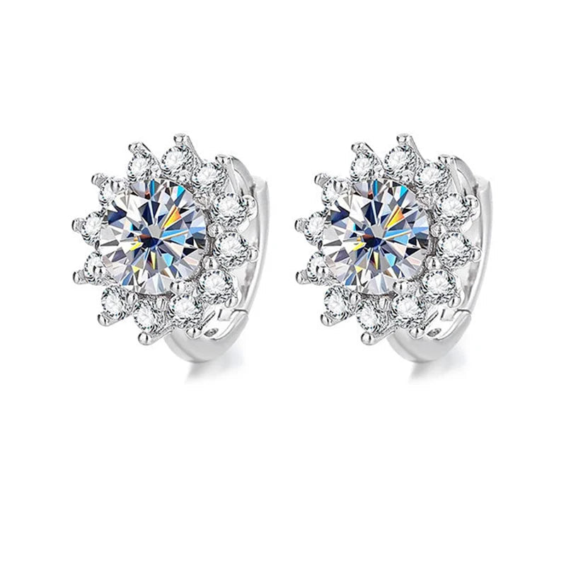 Sunflower Halo Moissanite Hoop Earrings in Sterling Silver - Sunflower halo hoop pair