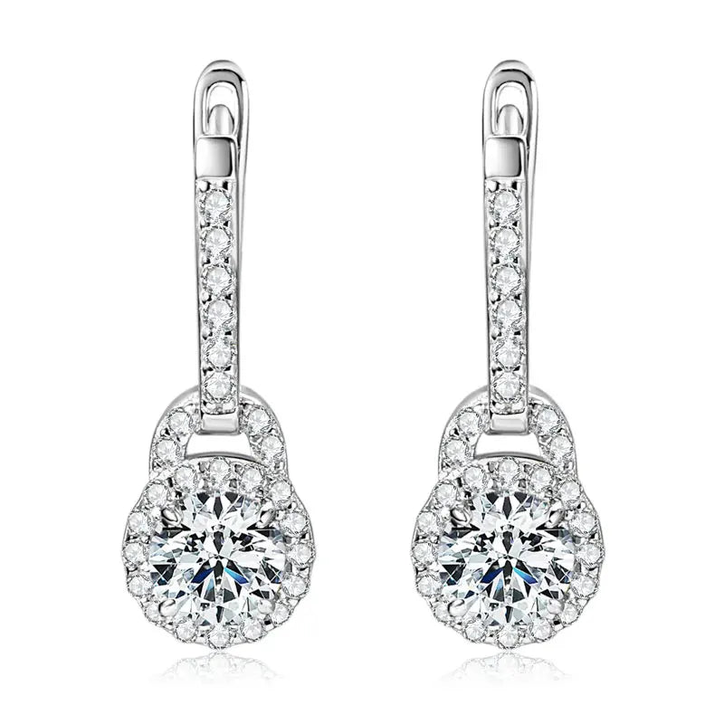 Lock-Style Halo Moissanite Drop Earrings in Sterling Silver - Silver lock-style drop pair