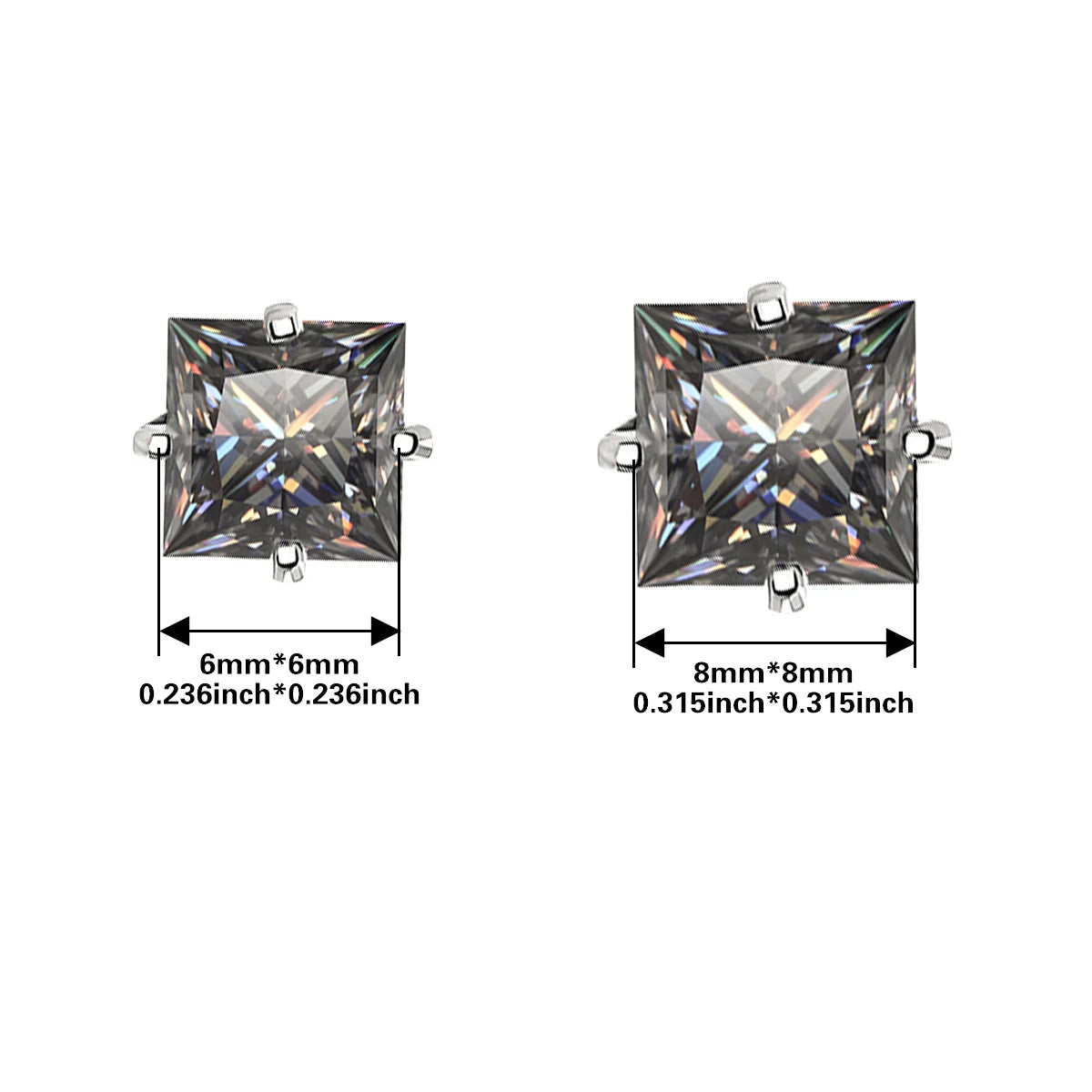 Gray Princess-Cut Moissanite Stud Earrings in Sterling Silver — 6mm and 8mm square size comparison