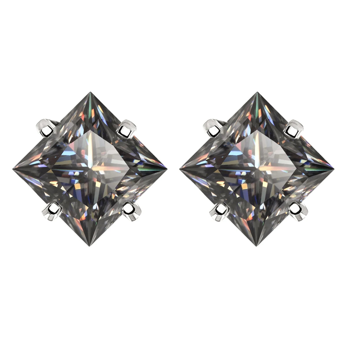 Gray Princess-Cut Moissanite Stud Earrings in Sterling Silver — Silver