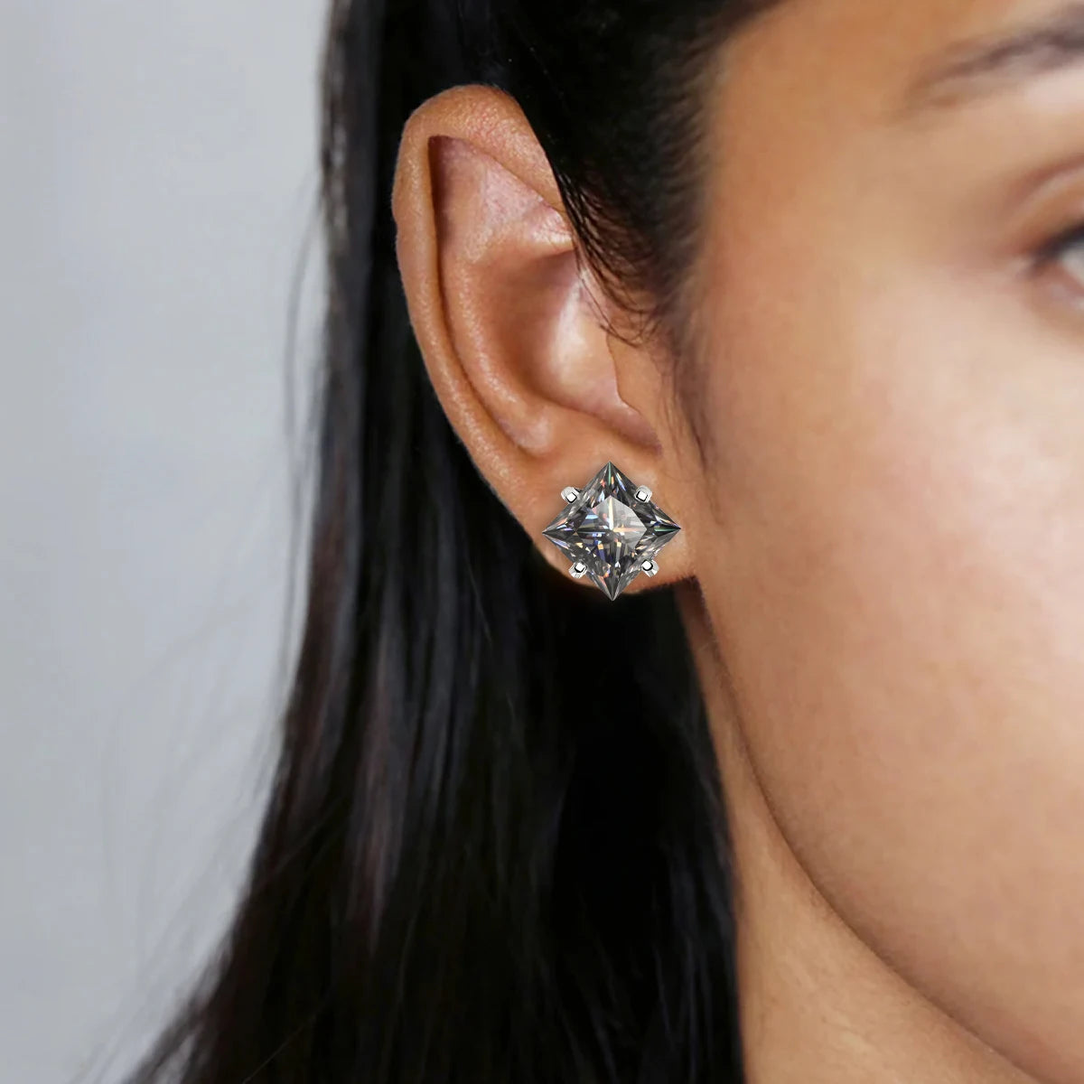Gray Princess-Cut Moissanite Stud Earrings in Sterling Silver — Square stud worn on the ear