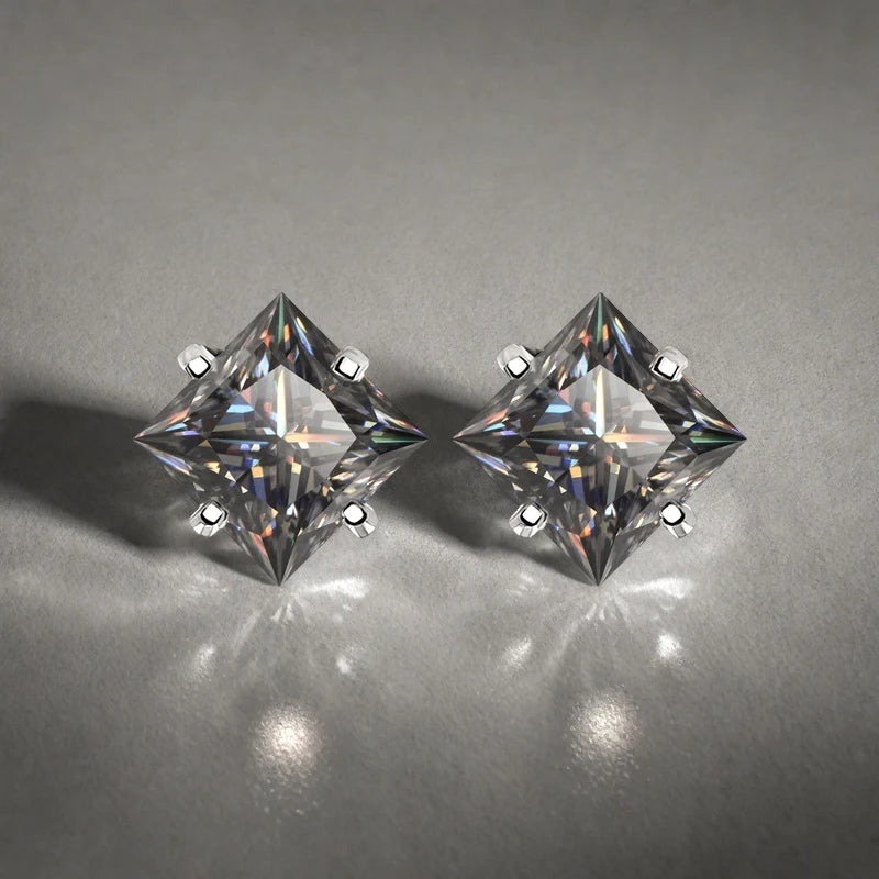 Gray Princess-Cut Moissanite Stud Earrings in Sterling Silver — Gray princess-cut studs