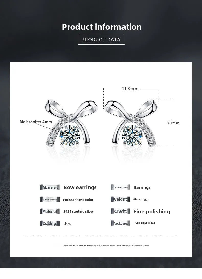 Moissanite Bow Stud and Drop Earrings in Sterling Silver — Ribbon stud measurements — BandsCo Straps