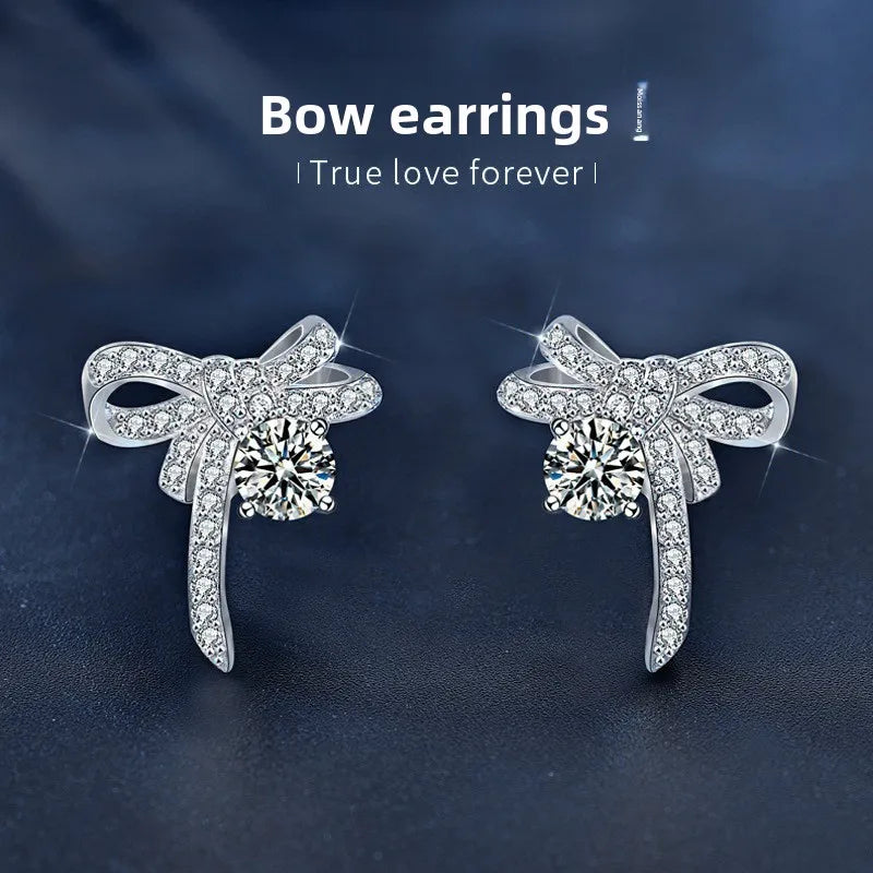 Moissanite Bow Stud and Drop Earrings in Sterling Silver — Long ribbon stud earrings — BandsCo Straps