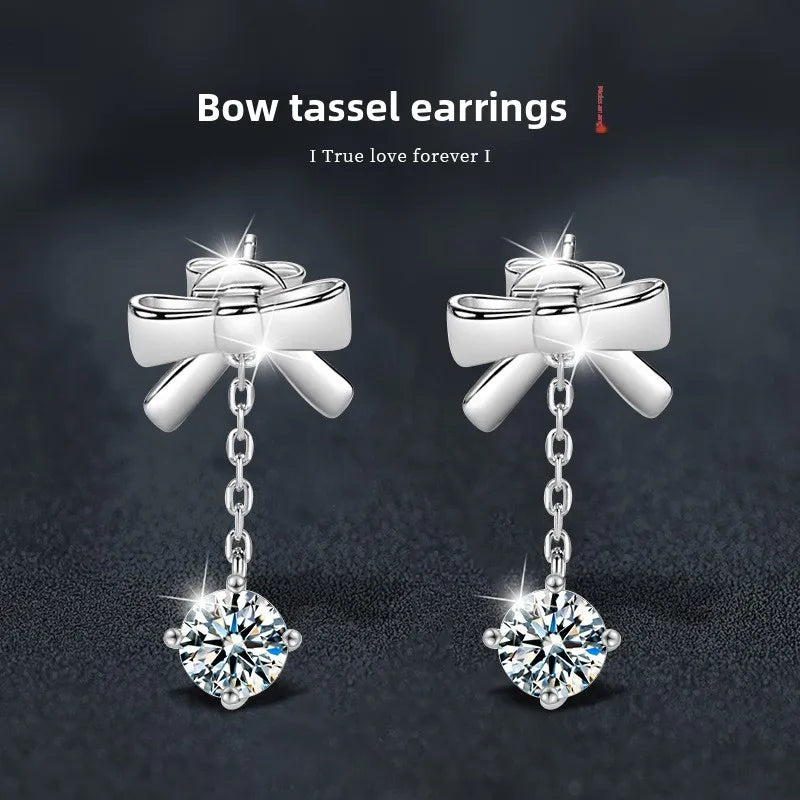 Moissanite Bow Stud and Drop Earrings in Sterling Silver — Chain bow drop earrings — BandsCo Straps