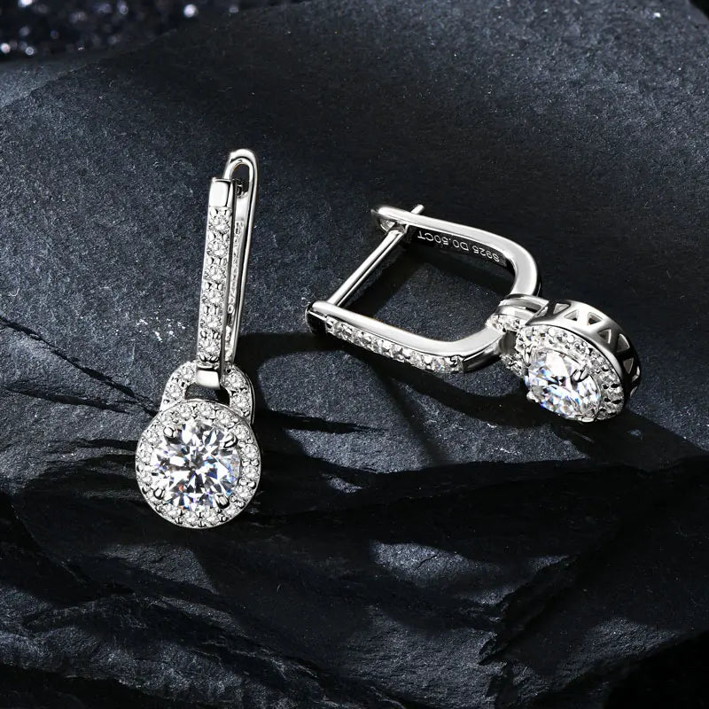 Lock-Style Halo Moissanite Drop Earrings in Sterling Silver - Silver pair angled view