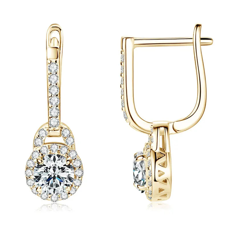 Lock-Style Halo Moissanite Drop Earrings in Sterling Silver - Gold-tone front and hinged back