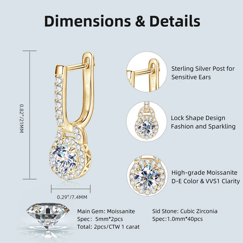 Lock-Style Halo Moissanite Drop Earrings in Sterling Silver - Drop dimensions and stone details