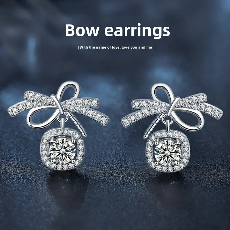 Moissanite Bow Stud and Drop Earrings in Sterling Silver — Halo bow drop earrings — BandsCo Straps
