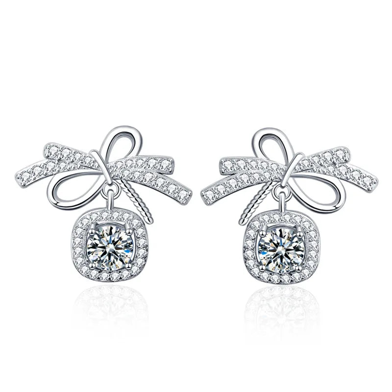 Moissanite Bow Stud and Drop Earrings in Sterling Silver — 0.5ct each / Halo Bow Drop — BandsCo Straps