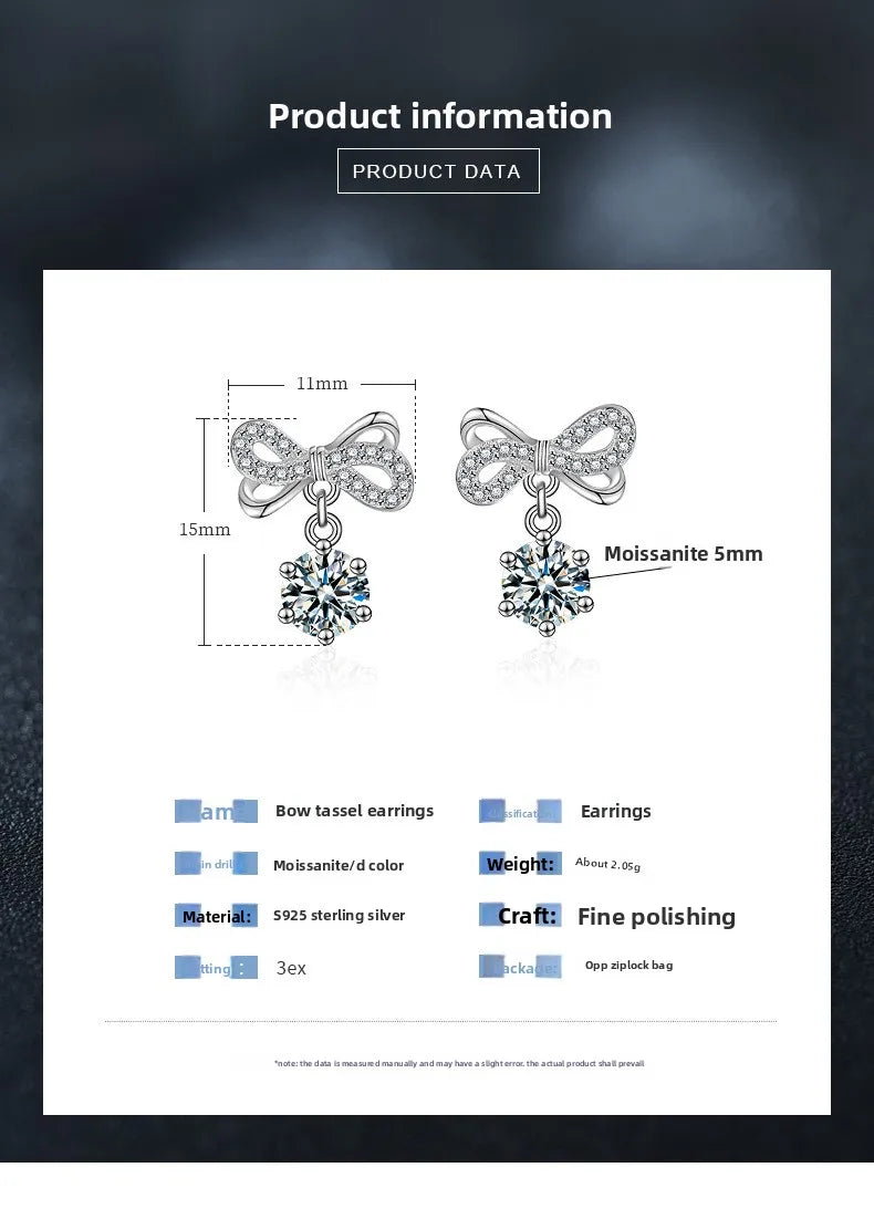 Moissanite Bow Stud and Drop Earrings in Sterling Silver — Open bow drop measurements — BandsCo Straps
