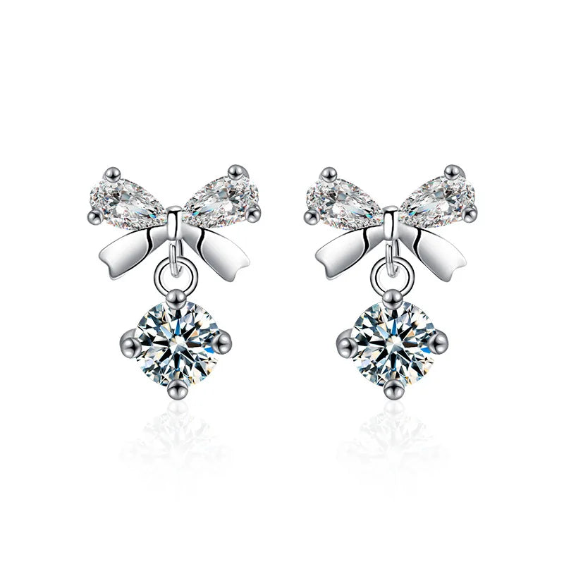 Moissanite Bow Stud and Drop Earrings in Sterling Silver — 0.3ct each / Double Bow Drop — BandsCo Straps