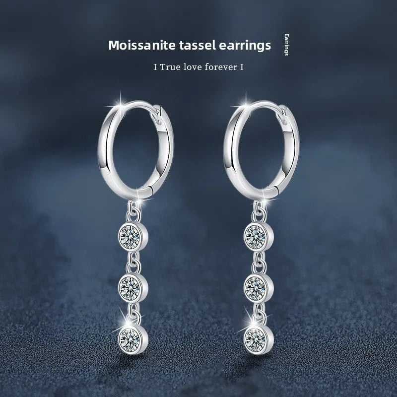 Moissanite Leaf, Star & Bezel Drop Earrings in Sterling Silver — Spaced round bezel hoop drops