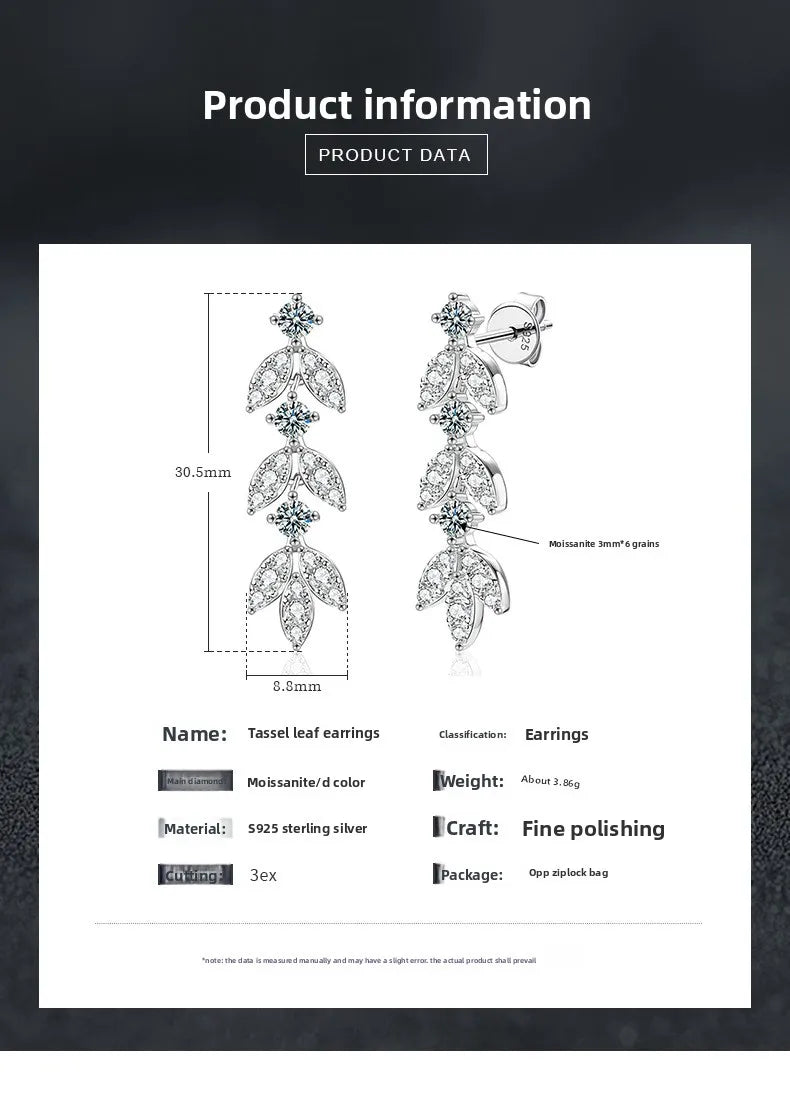 Moissanite Leaf, Star & Bezel Drop Earrings in Sterling Silver — Leaf earring dimensions