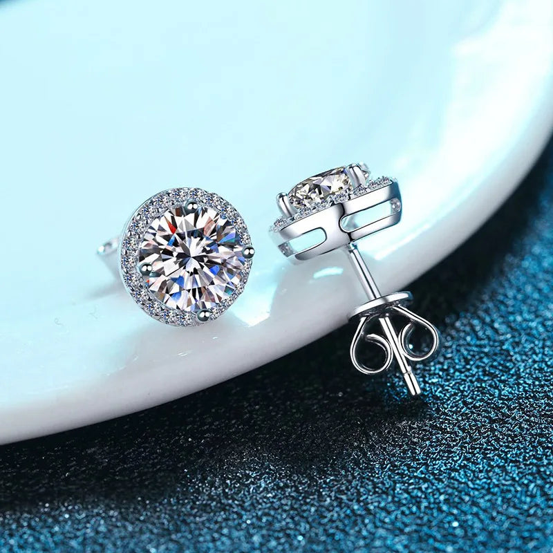 Round Halo Moissanite Stud Earrings in Sterling Silver — Stud post and butterfly back