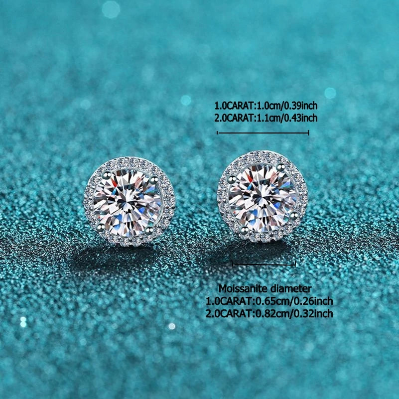 Round Halo Moissanite Stud Earrings in Sterling Silver — Size comparison