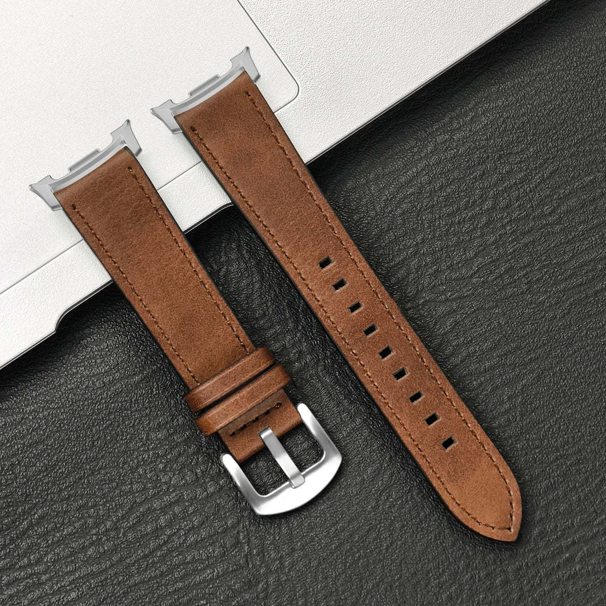 Vintage-Texture Leather Buckle Band in Brown / Silver Hardware for Samsung Galaxy Watch8, Watch8 Classic and Watch9
