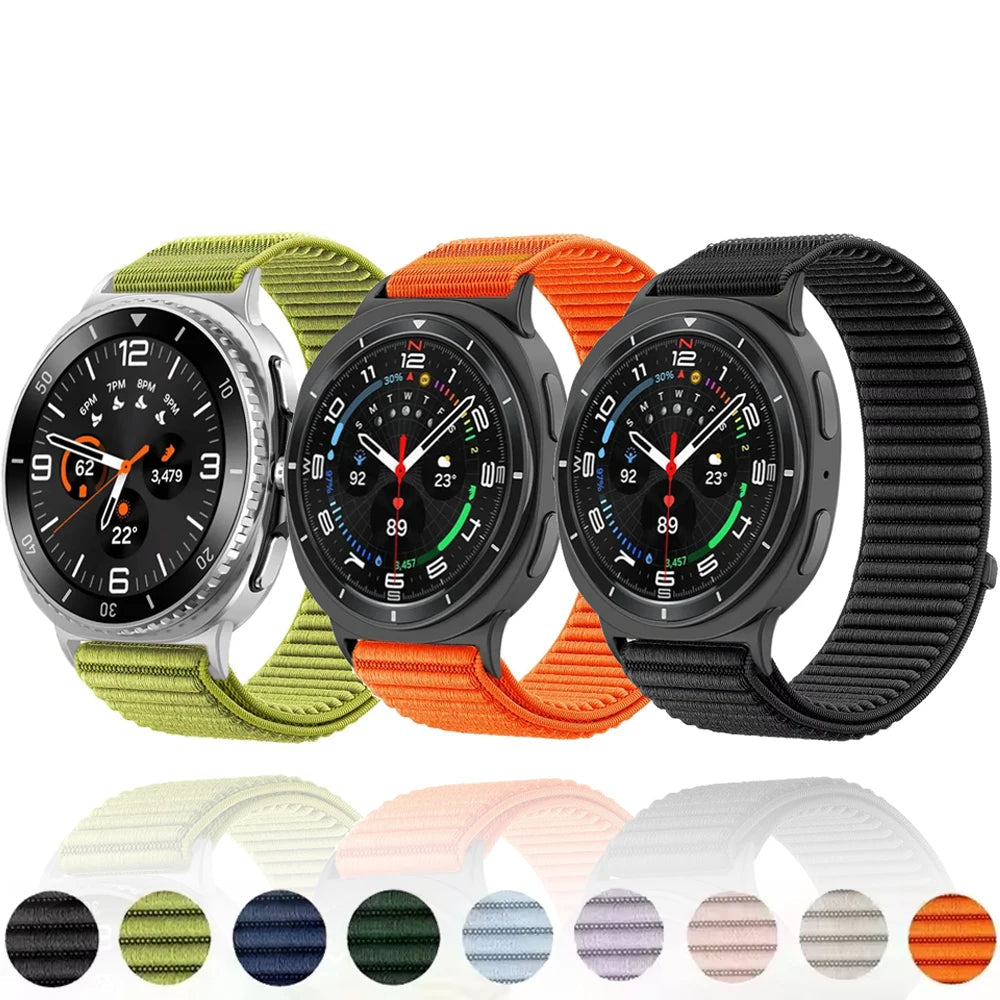Ribbed nylon bands in multiple colors with preview circles for Samsung Galaxy Watch8, Watch8 Classic and Watch9