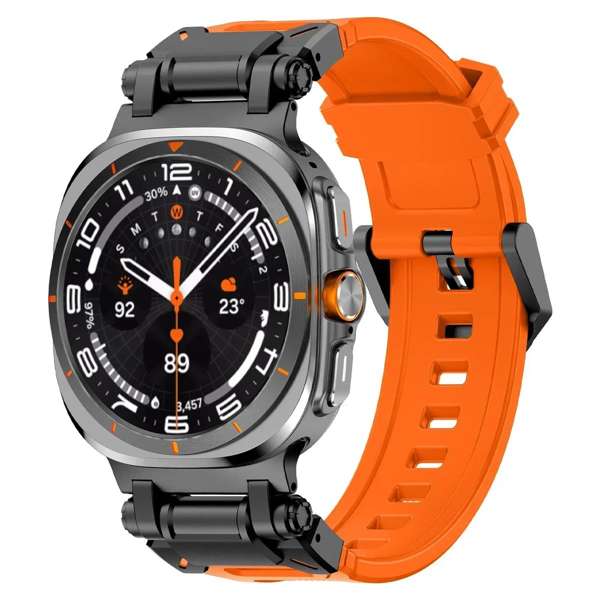 Orange rubber watch band with black hardware for Samsung Galaxy Watch8, Watch8 Classic and Watch9