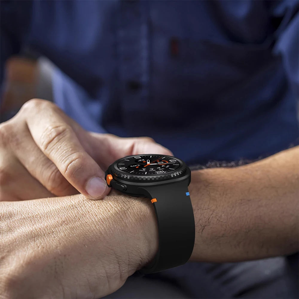 Black silicone band worn on wrist for Samsung Galaxy Watch8, Watch8 Classic and Watch9