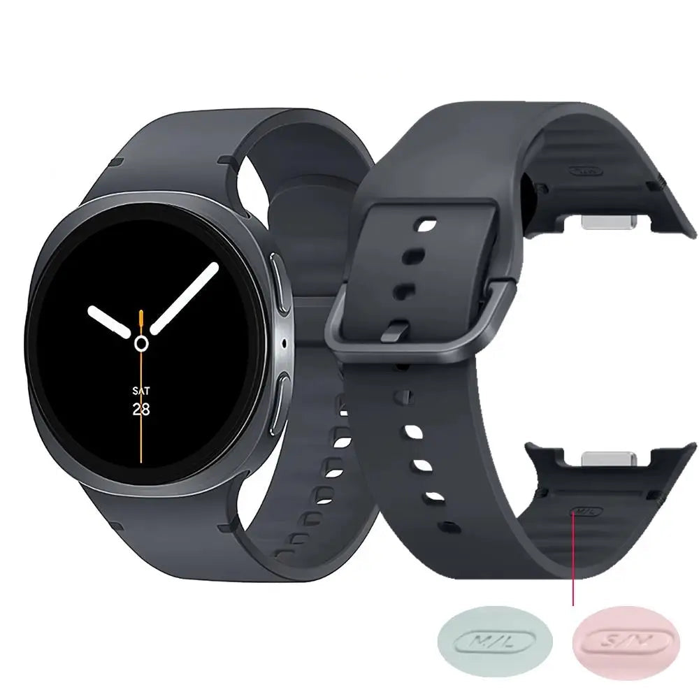 Dark silicone watch band and available size markings for Samsung Galaxy Watch8, Watch8 Classic and Watch9