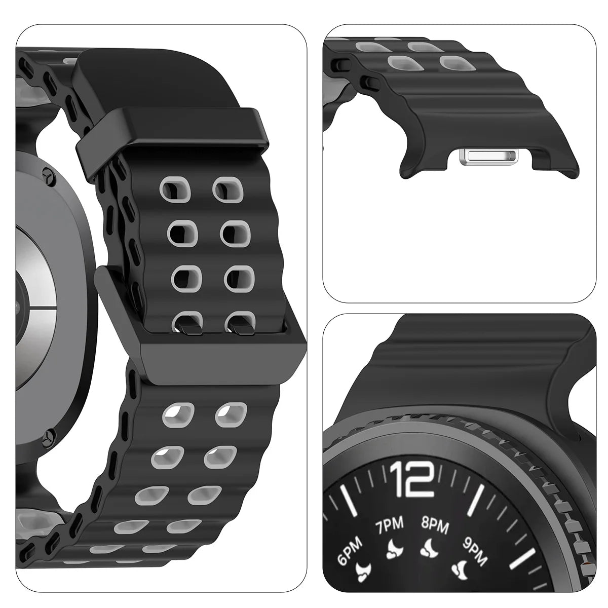 Black and gray perforated strap detail for Samsung Galaxy Watch8, Watch8 Classic and Watch9