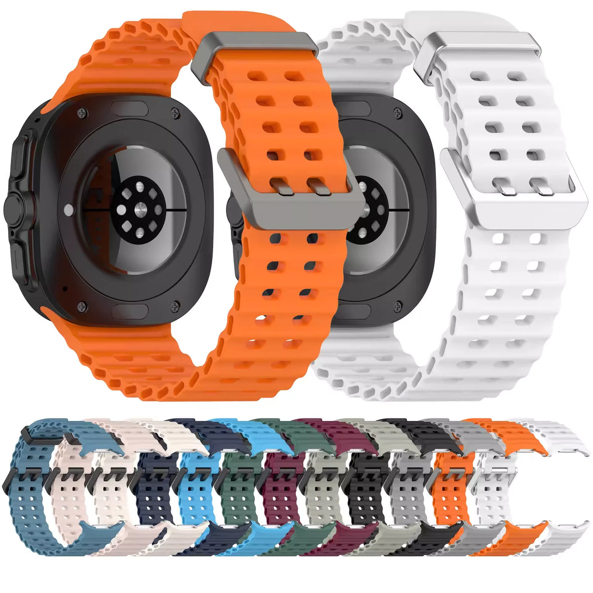 Orange and white perforated silicone bands with color previews for Samsung Galaxy Watch8, Watch8 Classic and Watch9