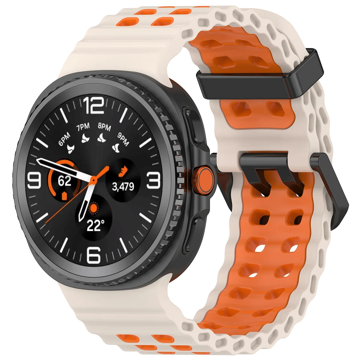 Two-Tone Perforated Silicone Band in Starlight and Orange / Black Buckle for Samsung Galaxy Watch8, Watch8 Classic and Watch9