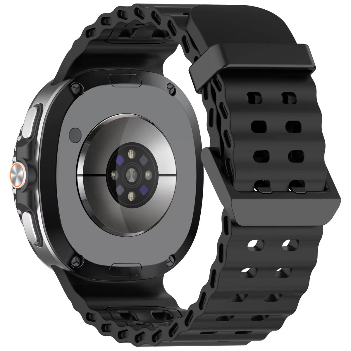 Black perforated silicone watch band rear view for Samsung Galaxy Watch8, Watch8 Classic and Watch9