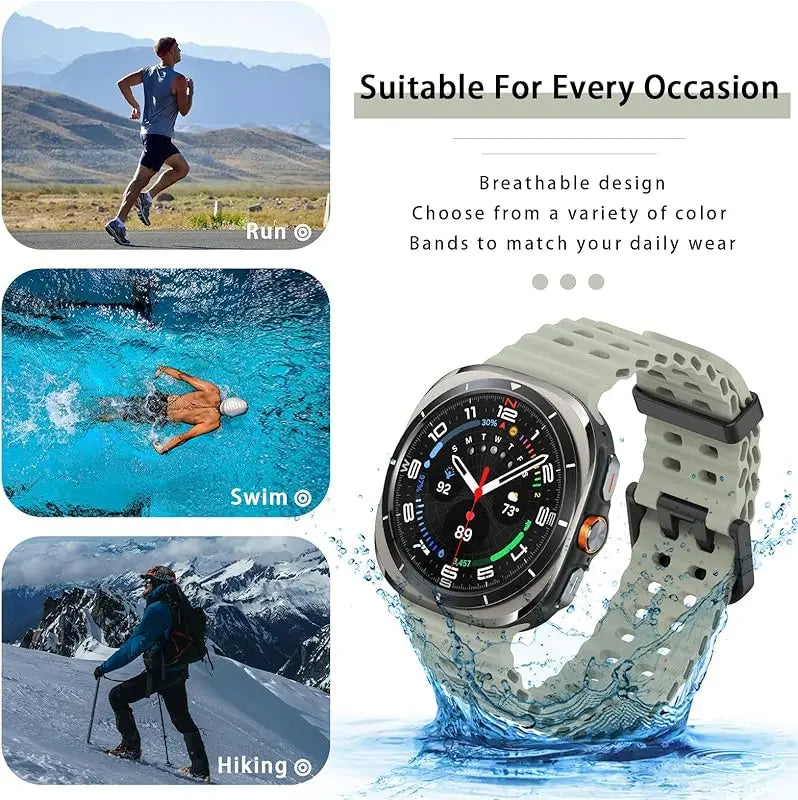Perforated silicone band activity illustration for Samsung Galaxy Watch8, Watch8 Classic and Watch9