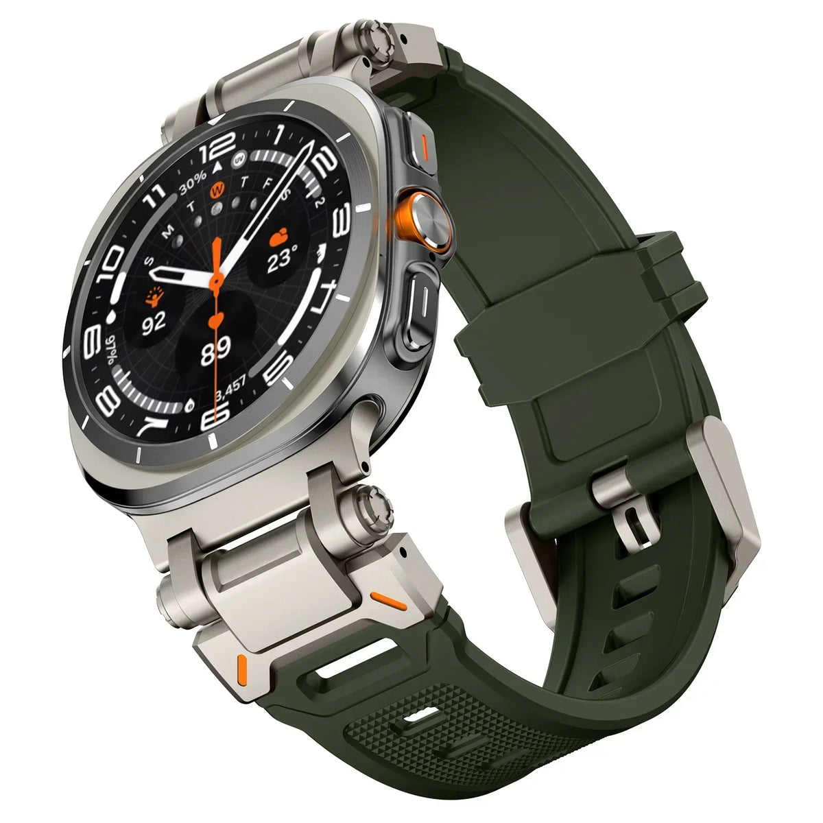 Rubber Band with Metal Hardware in Army Green / Titanium Gray Hardware for Samsung Galaxy Watch8, Watch8 Classic and Watch9