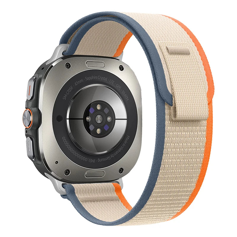 Beige nylon watch band rear view with blue and orange edges for Samsung Galaxy Watch8, Watch8 Classic and Watch9