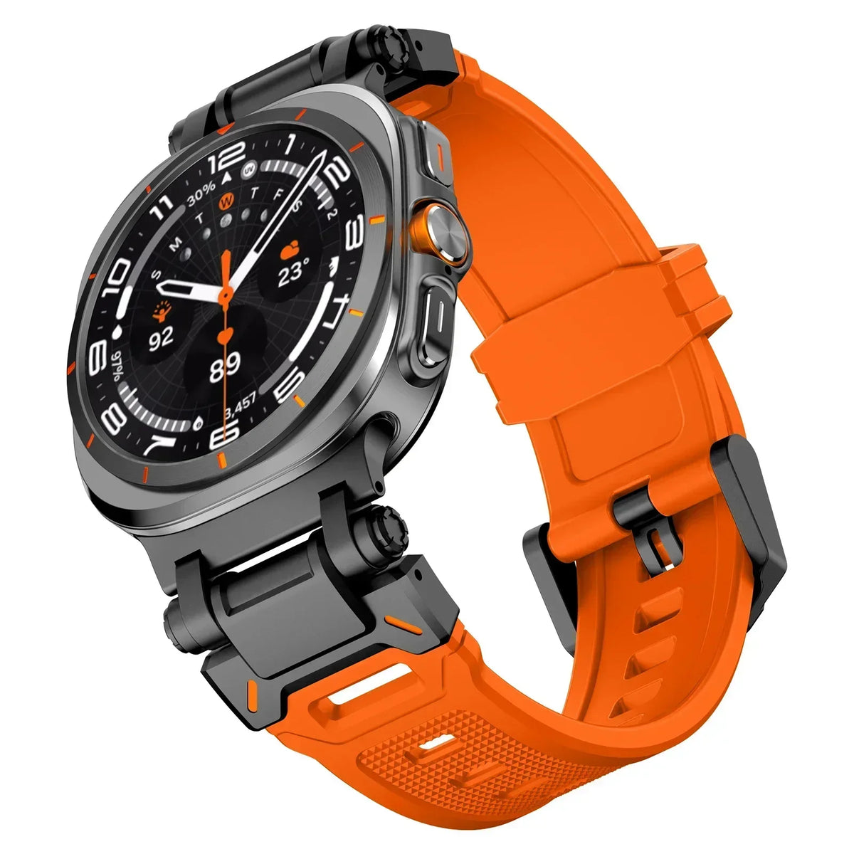 Rubber Band with Metal Hardware in Orange / Black Hardware for Samsung Galaxy Watch8, Watch8 Classic and Watch9