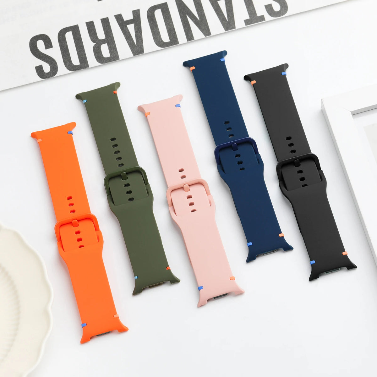 Silicone straps in several colors laid flat for Samsung Galaxy Watch8, Watch8 Classic and Watch9