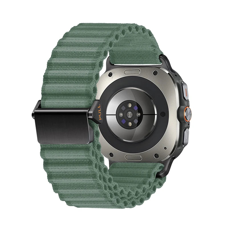 Samsung Galaxy Nylon Loop Watch Band - Ultra/Ultra2 No Gaps Strap in black-green on a smartwatch.