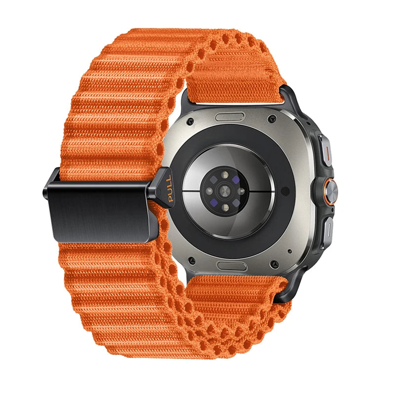 Samsung Galaxy Nylon Loop Watch Band - Ultra/Ultra2 No Gaps Strap in black-orange durable nylon with tactical design.