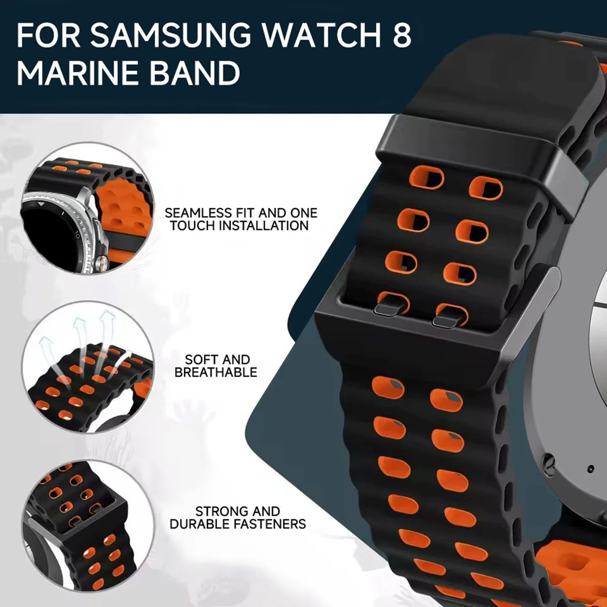 Two-tone perforated band connector and texture details for Samsung Galaxy Watch8, Watch8 Classic and Watch9