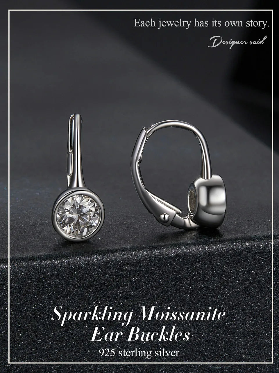 Round Bezel Moissanite Leverback Earrings in Silver — Front and rear views