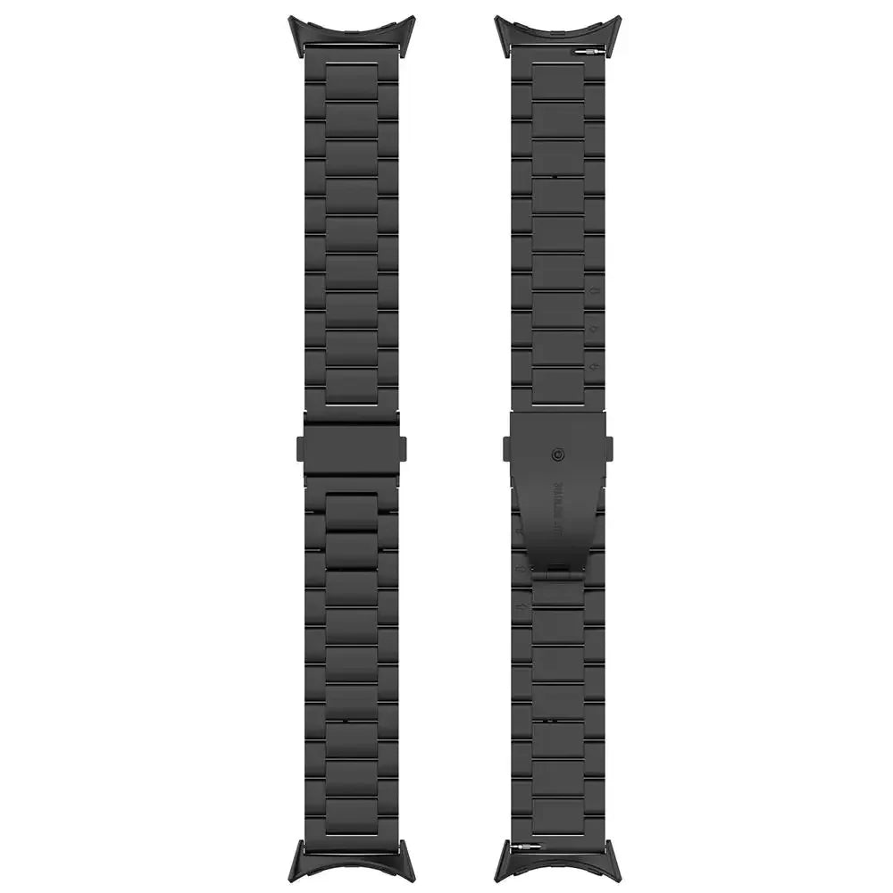 Front and back of black steel link strap laid flat