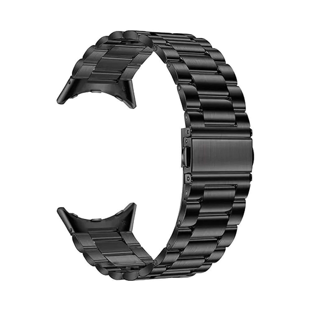 Black steel link strap showing folding clasp
