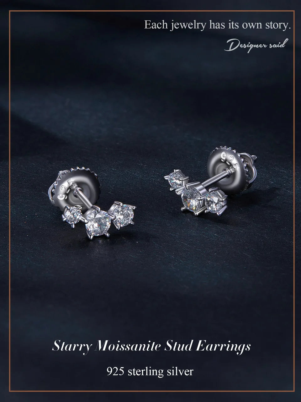 Three-Star Moissanite Screw-Back Stud Earrings - Star studs on dark background