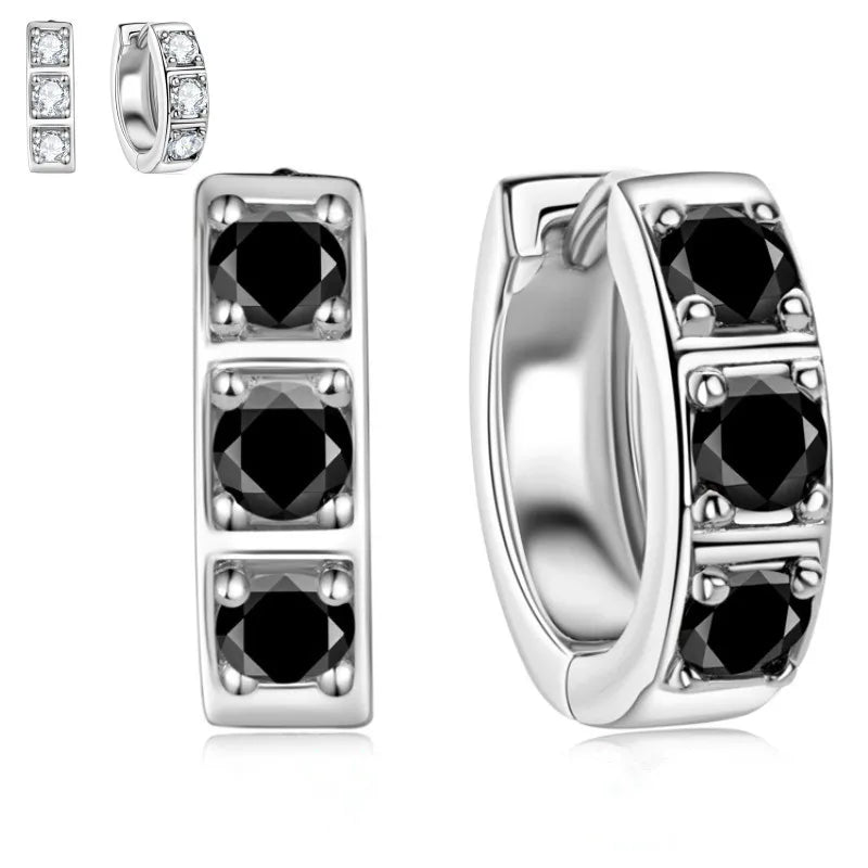 Three-Stone Moissanite Hoop Earrings in 925 Sterling Silver — Black hoops with white stone preview