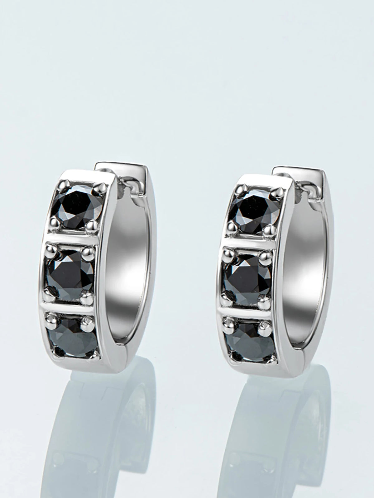 Three-Stone Moissanite Hoop Earrings in 925 Sterling Silver — Black stones